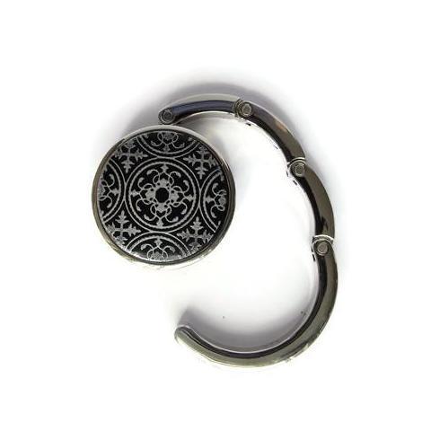 Folding Purse Hanger, Black and Silver with Mandala Pattern, Smooth Surface