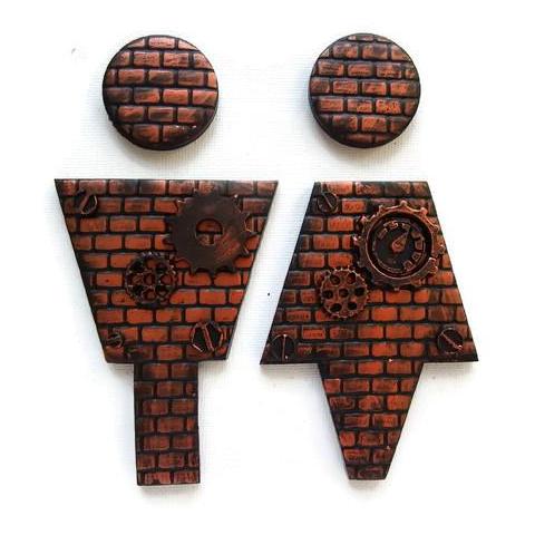 Bathroom Signs in Steampunk Style, Bronze Color